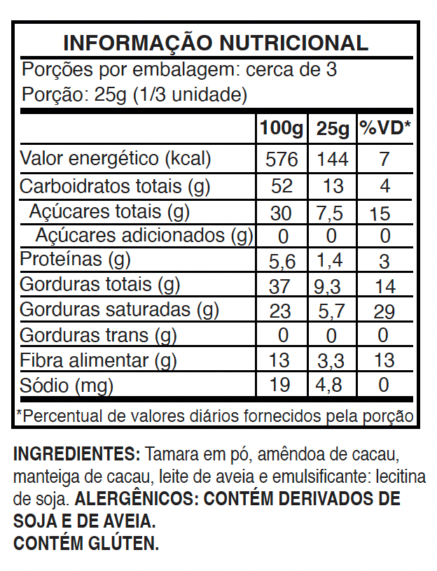 Chocolate 48% adoçado com tâmara (Vegano)